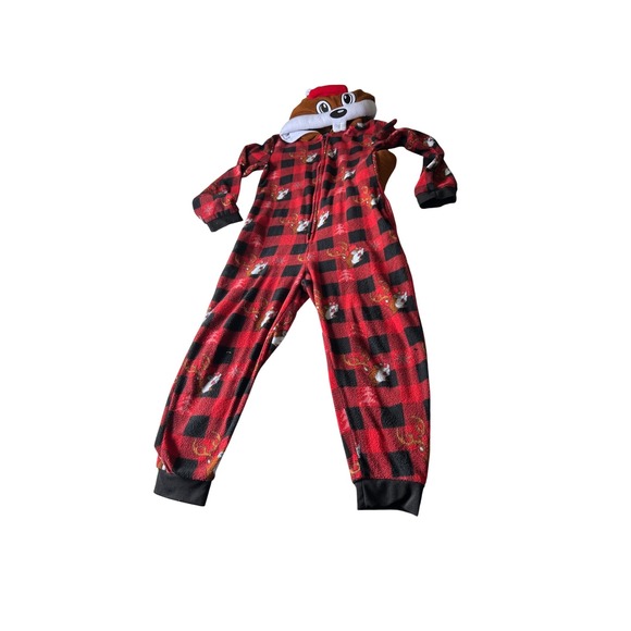 Buc-ee's Youth/Kids Red Plaid Beaver Hooded One Piece Pajamas YM/L - Picture 1 of 7